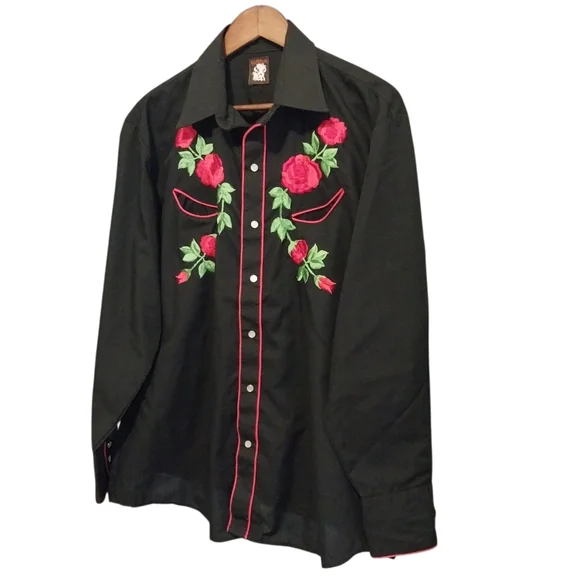 VTG Karman Cowboy Western Peal Snap Embroidered Floral Roses Shirt 80s Mens - Picture 5 of 10